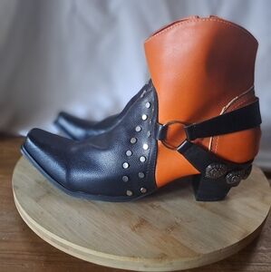 Orange Black Boots, Size 35 EU, Ankle Booties, Western, Pointed Toe, Cosplay